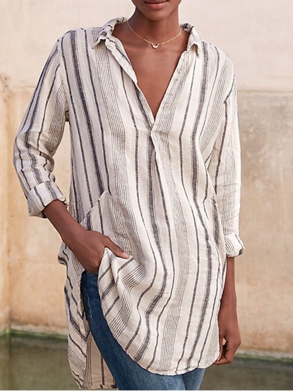 CP Shades Teton Linen Tunic Top Striped Crinkled Linen Collared Size Medium